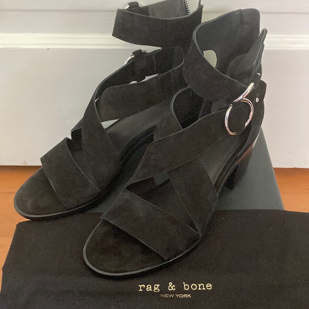 NIB Women's Rag & Bone strappy heel MARI sandal size eu 38.5 us 8.5 black suede